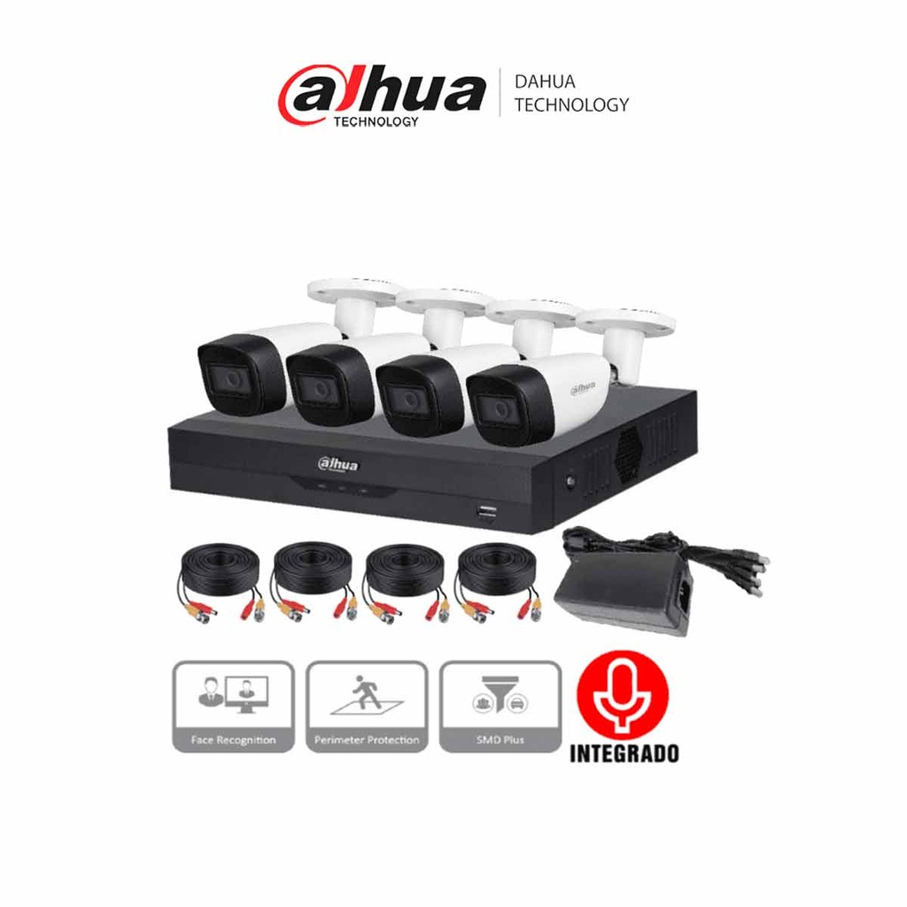 DAHUA KITXVR5104HS4KLI3+4HFW1500CMA- Kit de 4 Canales de 5 Mp con Audio